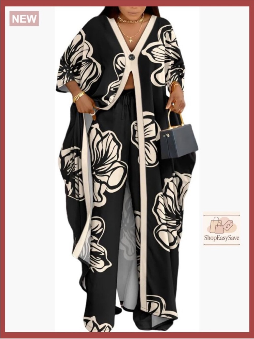 Black & Cream Floral Maxi Dress - Elegant V-Neck Kaftan